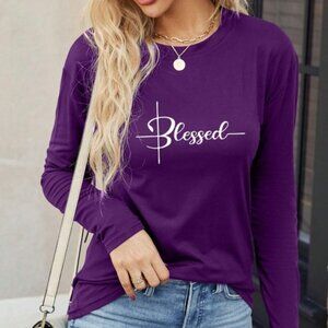 NEW!  Size M Purple "Blessed" Round Neck Casual Graphic Tees